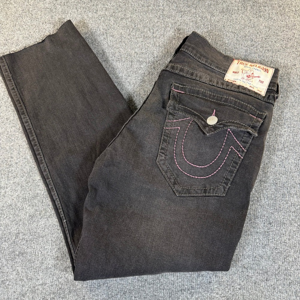 True Religion Geno Relaxed Slim Black Pink Big T Flap Jeans Men 33 Raw Hem #3937